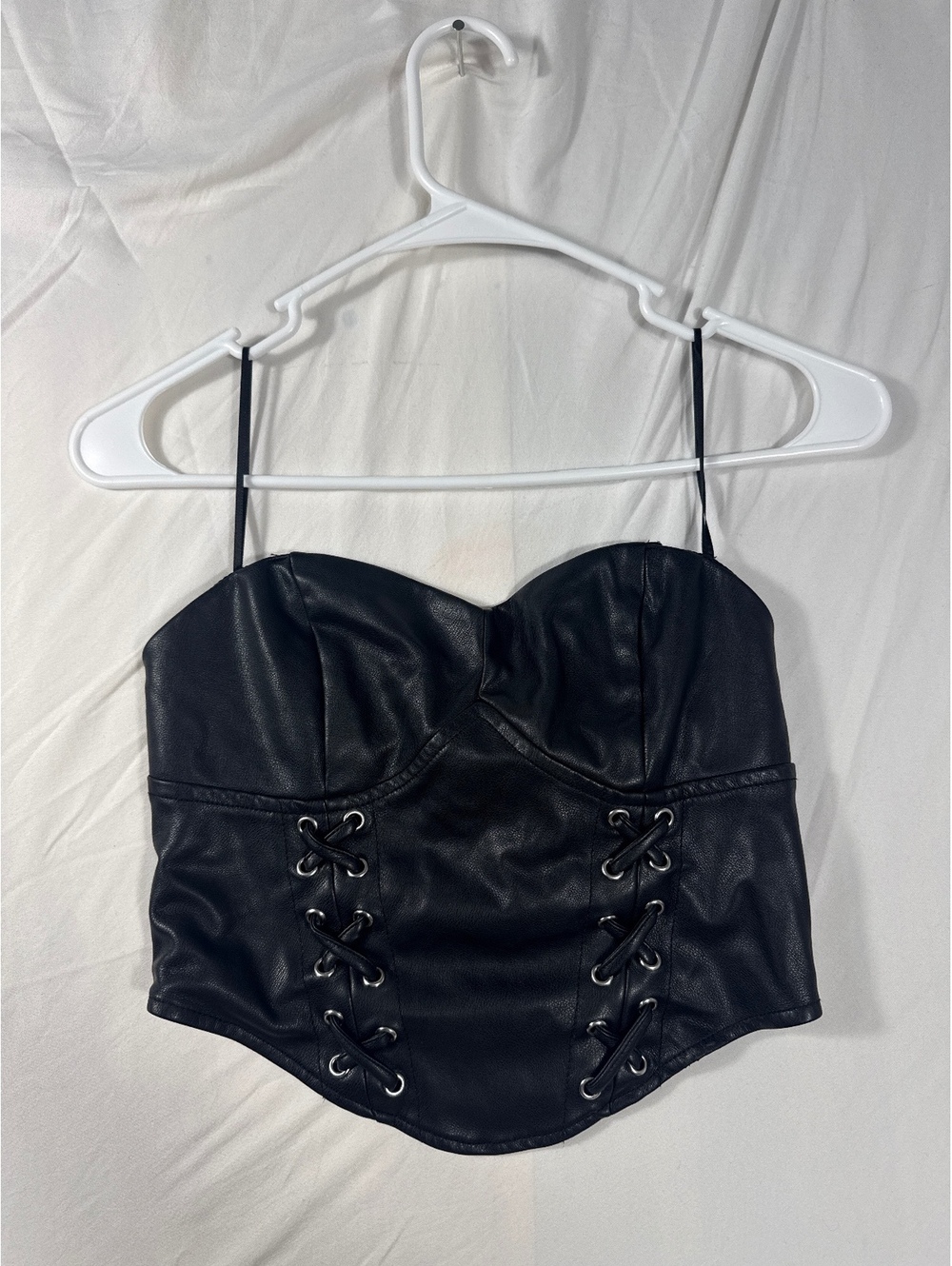 Garage Black Faux Leather Corset Crop Top with Lace-Up Detail